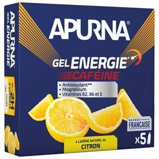 Förpackning med 5 energigeler med citron och koffein för svåra tider, inklusive 1 gratis gel Apurna